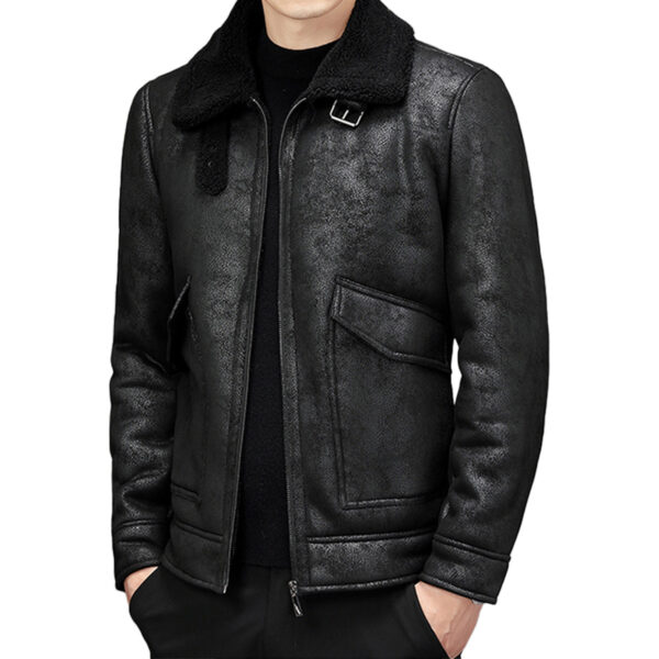 Men’s Vintage Black Sheepskin Streetwear Winter Leather Jacket