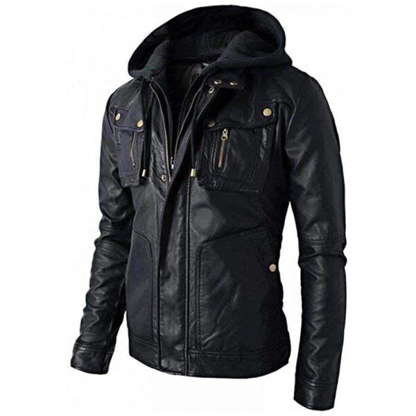 Men’s Rider Black Genuine Hooded Leather Jacket - Image 2