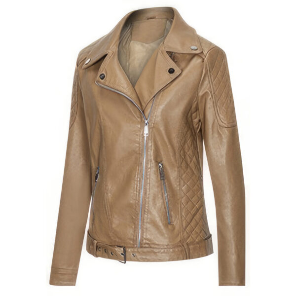 Women’s Brown Biker Moto Riding Slim Fit Leather Jacket - Image 2