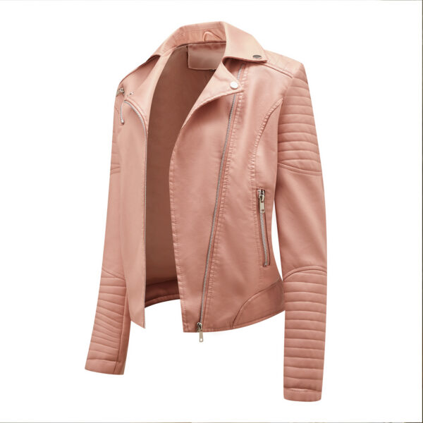 Women’s Pink Biker Shoulders Fashion Leather Jacket - Image 2