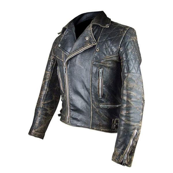 Men’s Motorcycle Biker Distressed Brown Leather Jacket - Image 2