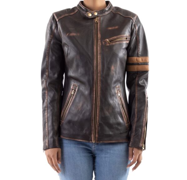 Distressed Café Racer Vintage Leather Jacket for Women in Brown