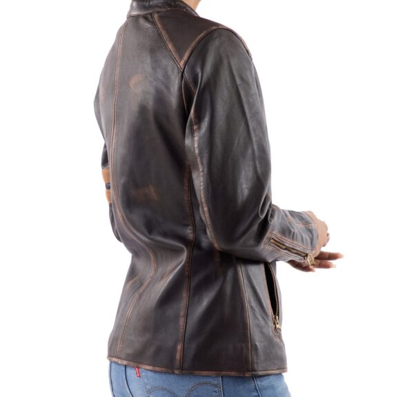 Distressed Café Racer Vintage Leather Jacket for Women in Brown - Image 2