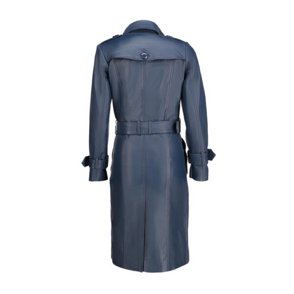 Womens Leather Long Coat-Blue - Image 2