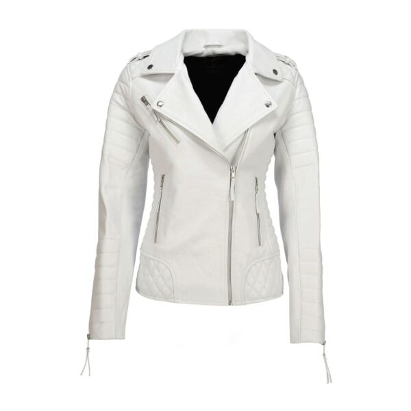 Women's Quilted White Leather Biker Jacket