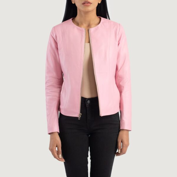 Stylish Pink Collarless Leather Jacket For Her