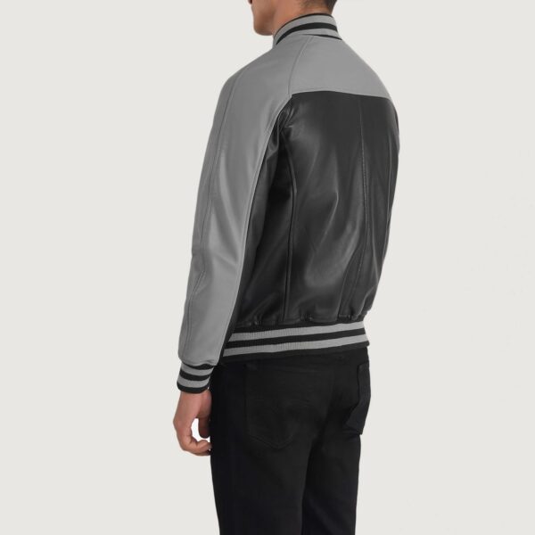 "Black & Grey Leather Varsity Biker Jacket For Mens" - Image 2