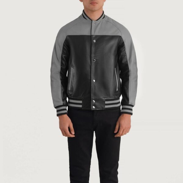 "Black & Grey Leather Varsity Biker Jacket For Mens"