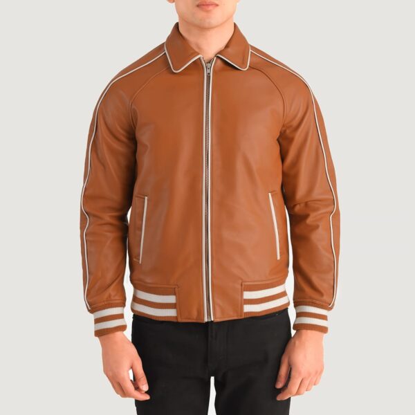 "Cooper Tan Brown Leather Varsity Jacket For Mens"