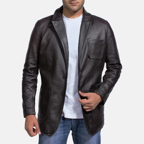 "Wine Black Leather Blazer For Mens"