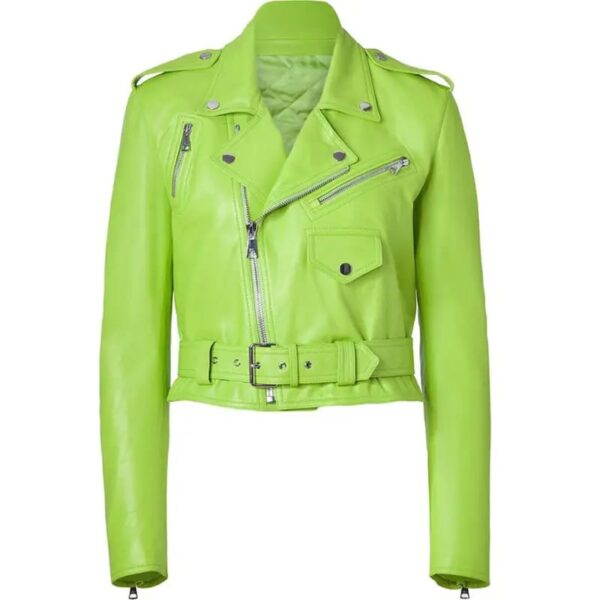 Women's Lime Green Leather Belted Motorcycle Jacket - Image 2