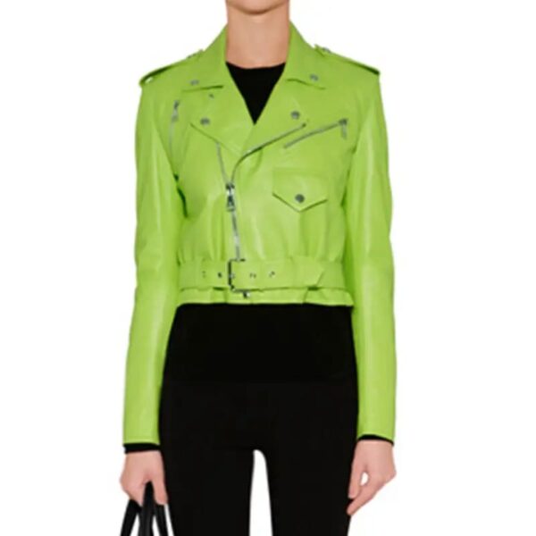 Women's Lime Green Leather Belted Motorcycle Jacket