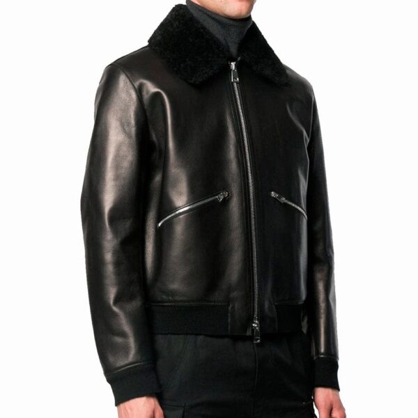 Men's Designer Leather Jacket with Shearling Collar