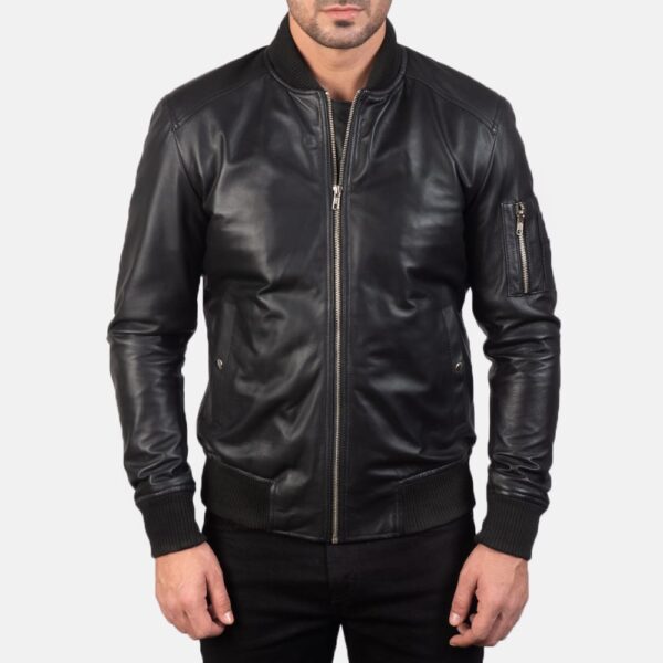 Simple Black Bomber Leather Jacket For Mens