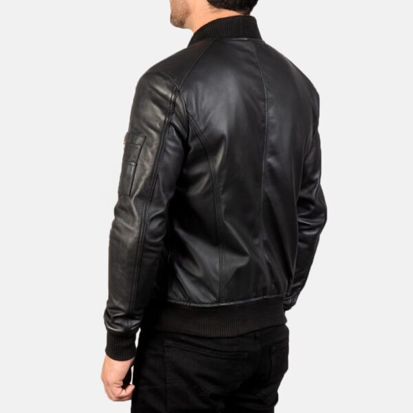 Simple Black Bomber Leather Jacket For Mens - Image 2