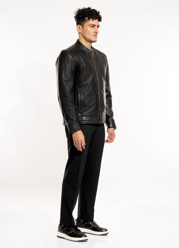 Plain-Black, Leather Bomber Jacket For Men's - Image 2