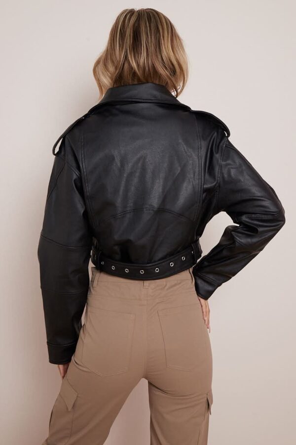 "Black Faux Leather Belted Zip Up Biker Jacket For Womens" - Image 2