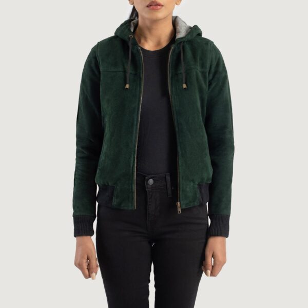 Women's Rebella Green Hooded Suede Bomber Leather Jacket