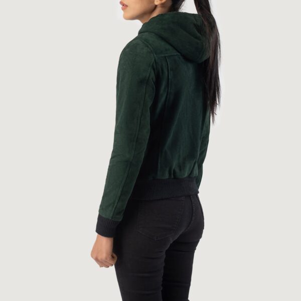 Women's Rebella Green Hooded Suede Bomber Leather Jacket - Image 2