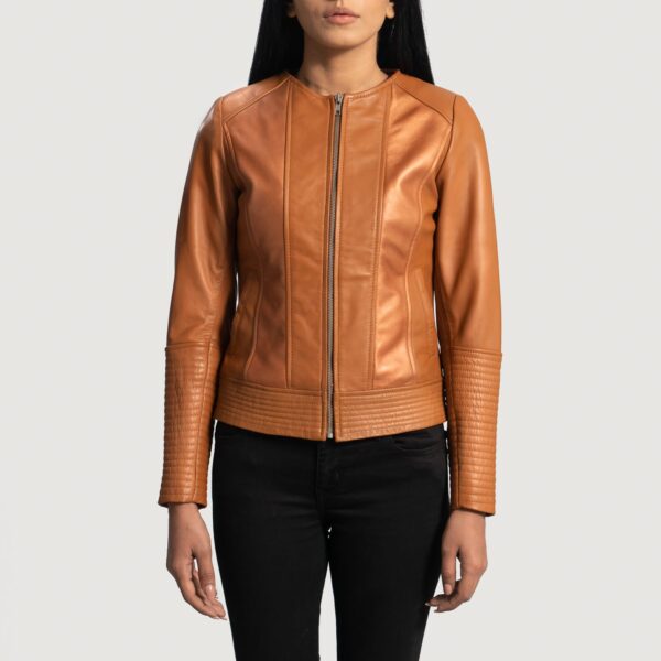 "Sleeky Clean Tan Leather Biker Jacket For Womens"