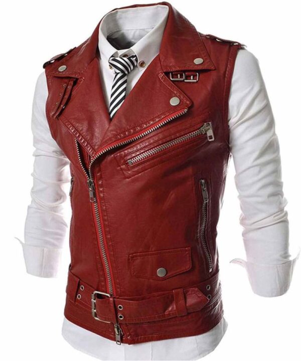 "Men’s Asymmetrical Slim Fit Motorcycle Red Leather Vest"