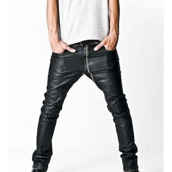Mens Asymmetrical Front Zip Skinny Black Leather Pants