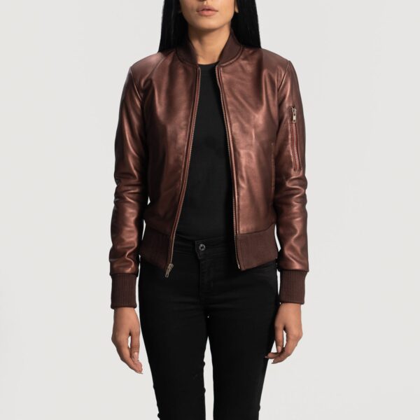 Maroon Leather Bomber Jacket For Womens