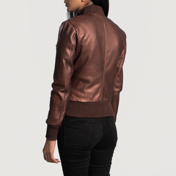 Maroon Leather Bomber Jacket For Womens - Image 2