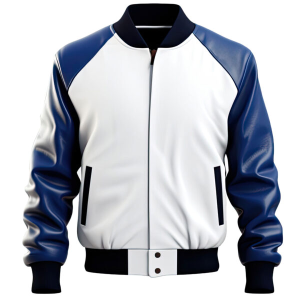 Men’s White Blue Genuine Winter Casual Bomber Leather Jacket