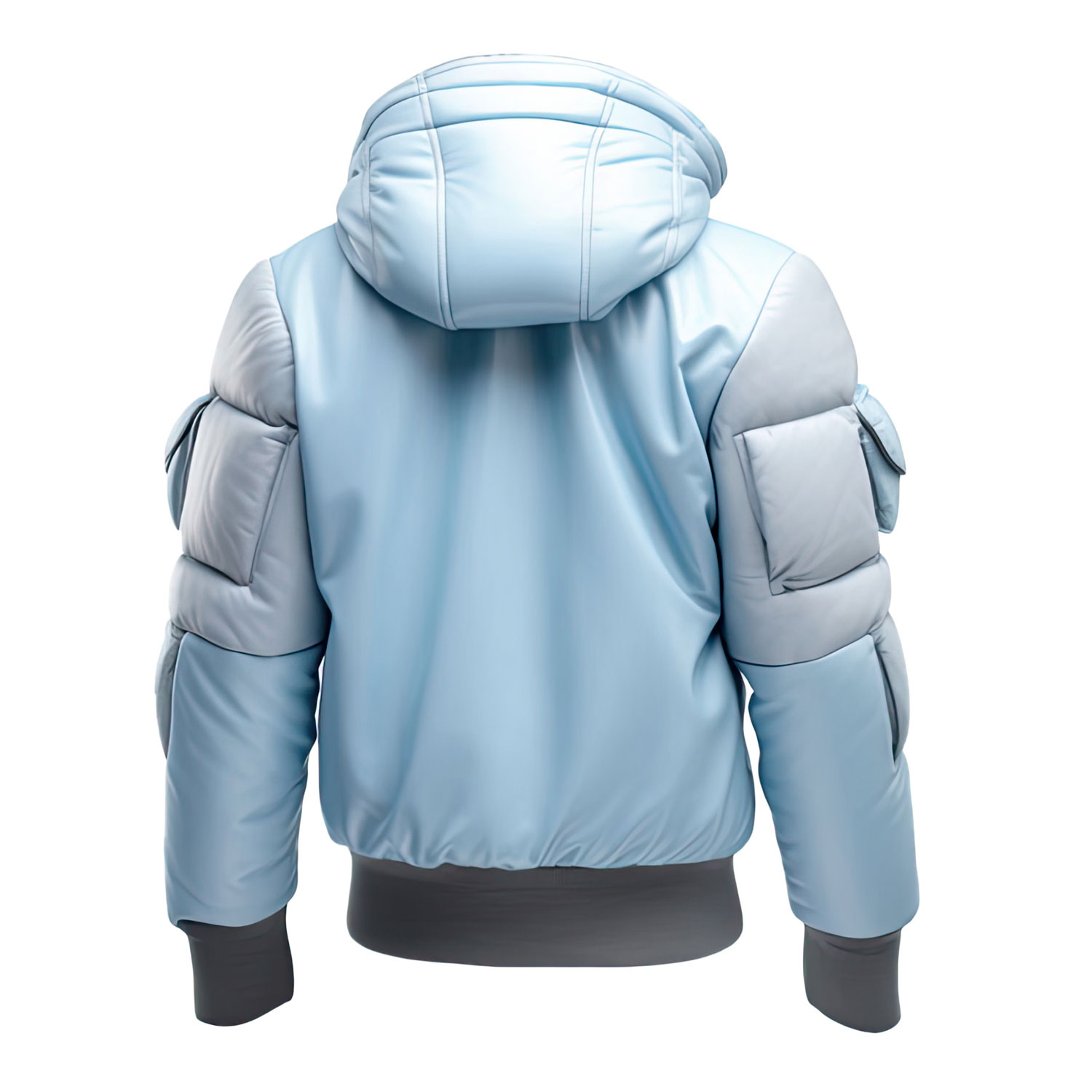 Men’s Ice Blue High Neck Hooded Puffer Leather Jacket - Image 2