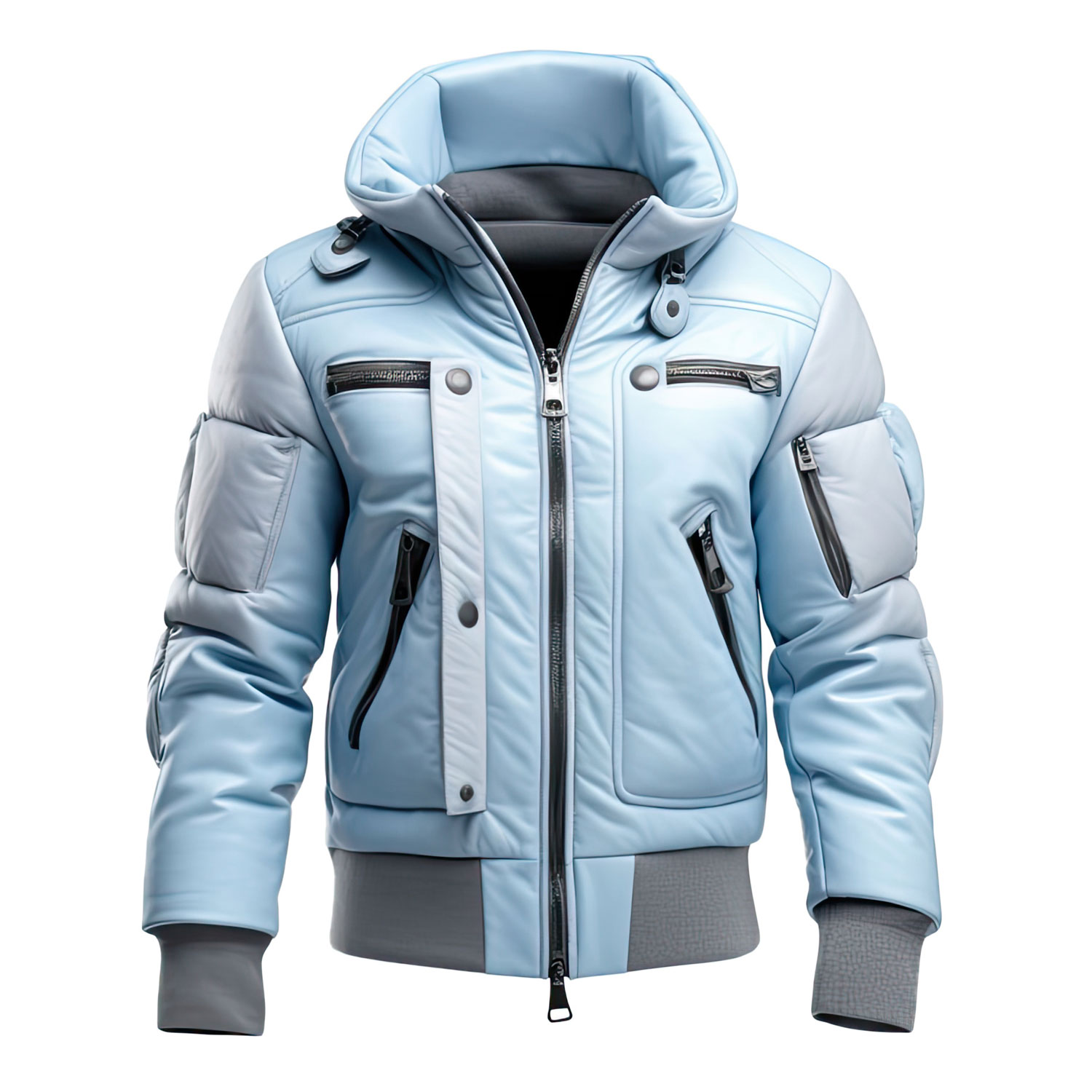 Men’s Ice Blue High Neck Hooded Puffer Leather Jacket