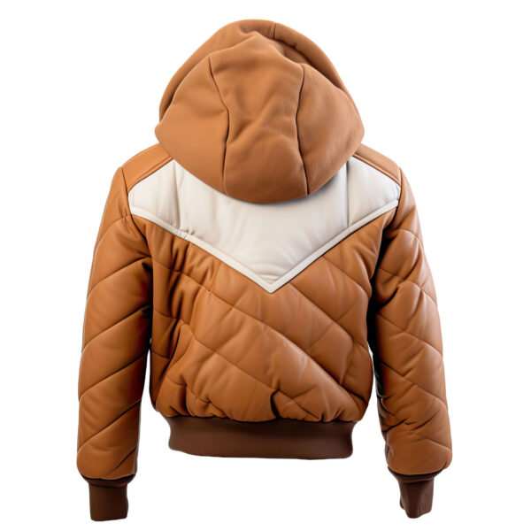 Men’s Brown Beige Hooded  Puffer Bomber Leather Jacket - Image 2