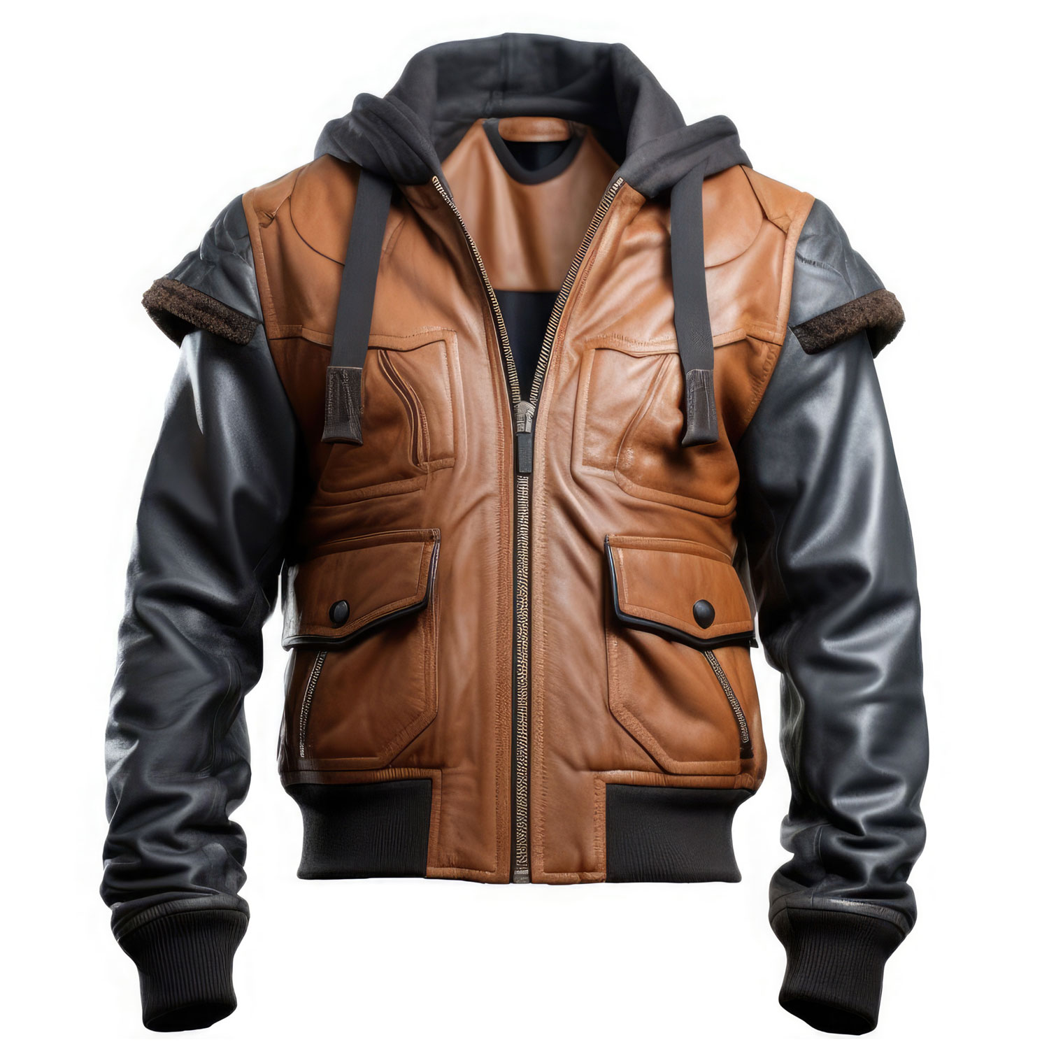 Men’s Brown Black Genuine Hooded Aviator Leather Jacket