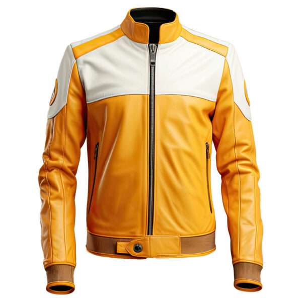 Men’s Mustard Yellow White Moto Racer Leather Jacket