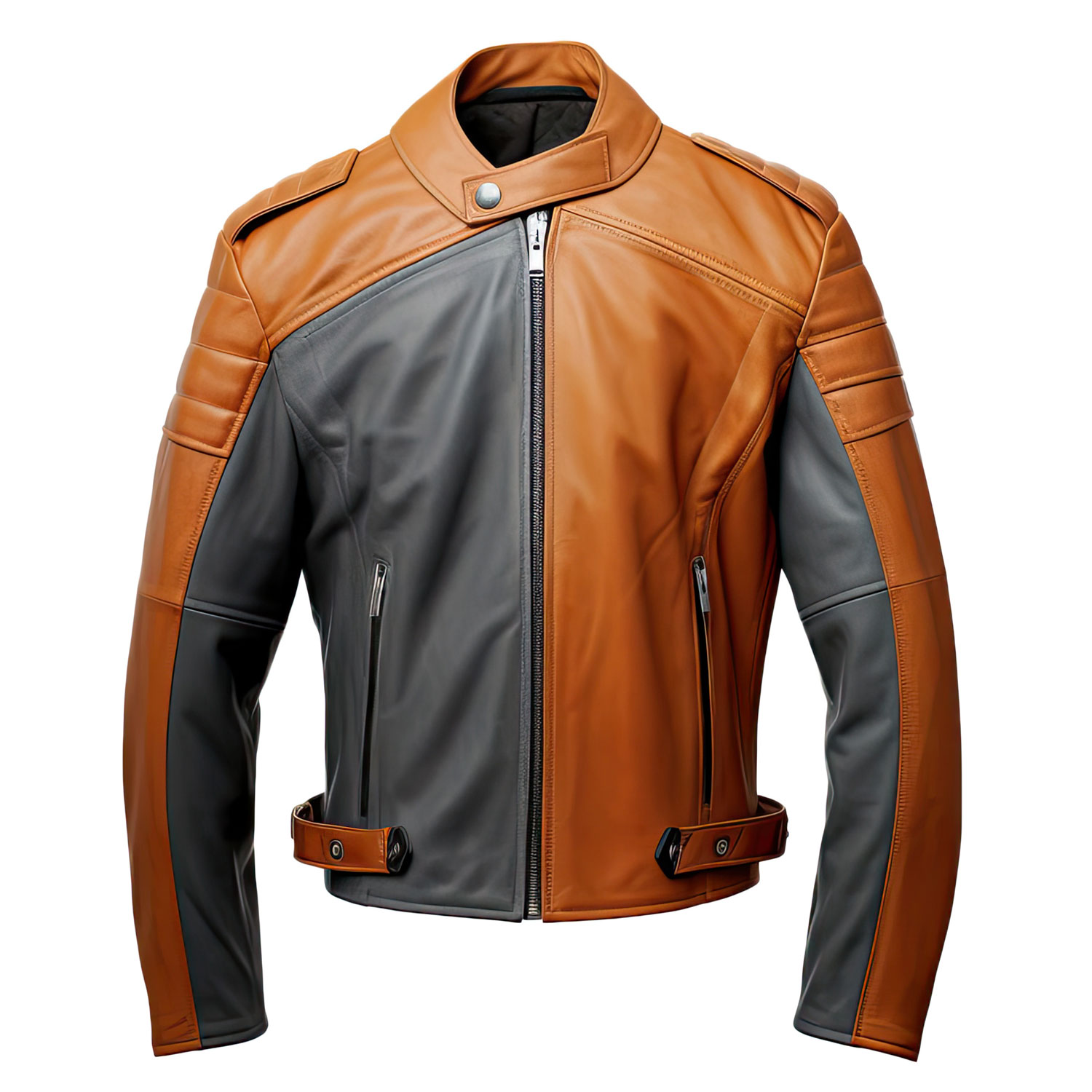 Men’s Brown Grey Genuine Slim-fit Motorcycle Leather Jacket