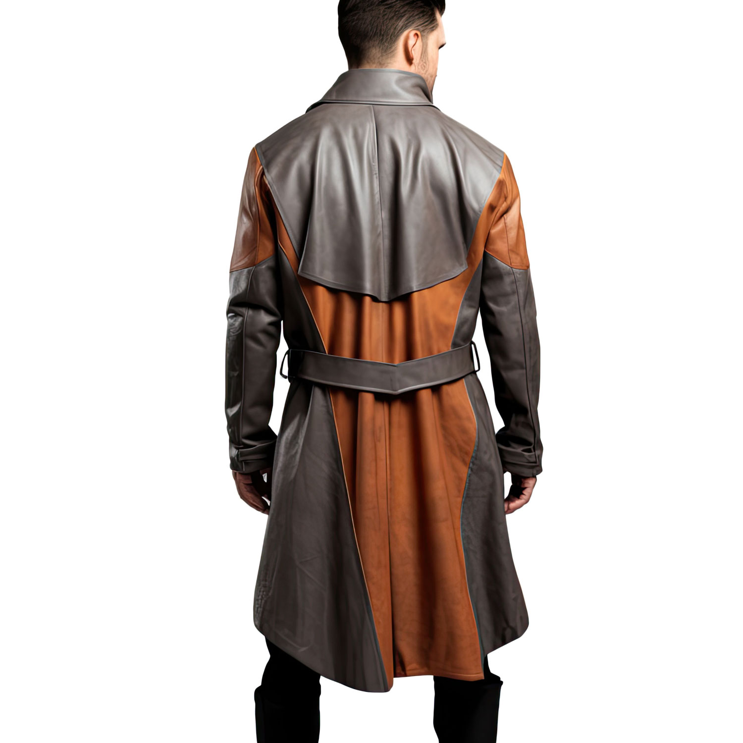 Men’s Charcoal Grey Brown Knee Length Leather Coat - Image 2