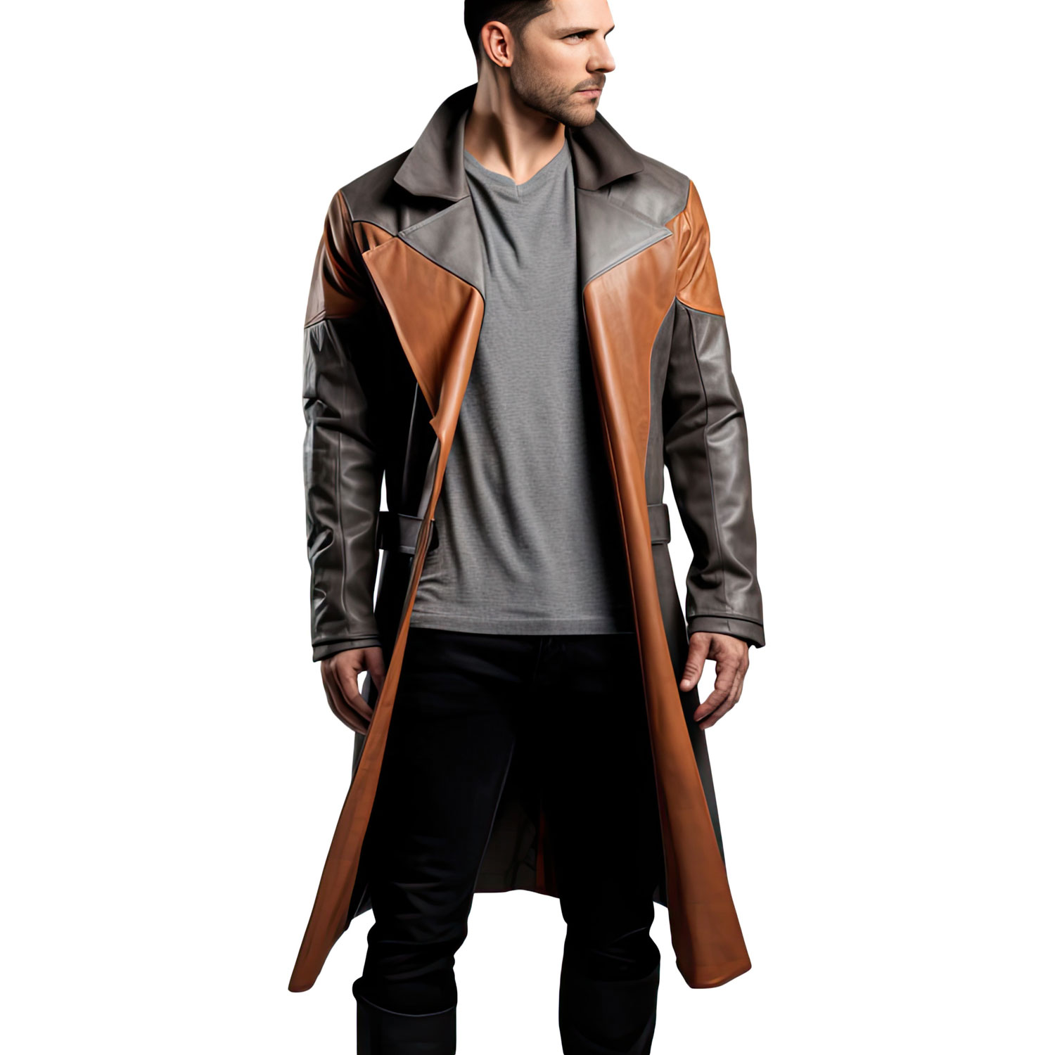 Men’s Charcoal Grey Brown Knee Length Leather Coat
