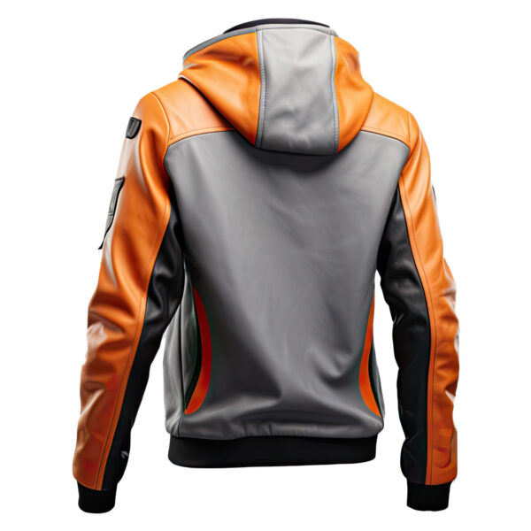 Men’s Orange Grey Hooded Bomber Leather Jacket - Image 2