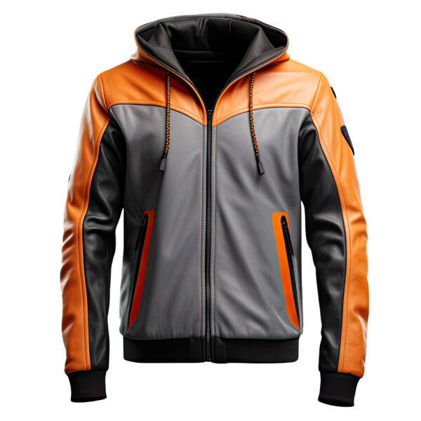 Men’s Orange Grey Hooded Bomber Leather Jacket