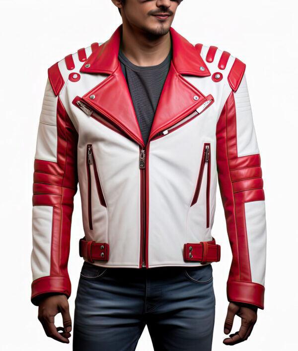 Men’s White Red Genuine Casual Biker Racer Leather Jacket