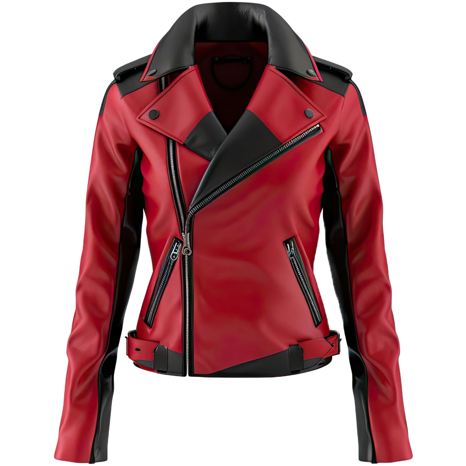 Women’s Red Black Double Breasted Slim-fit Moto Leather Jacket