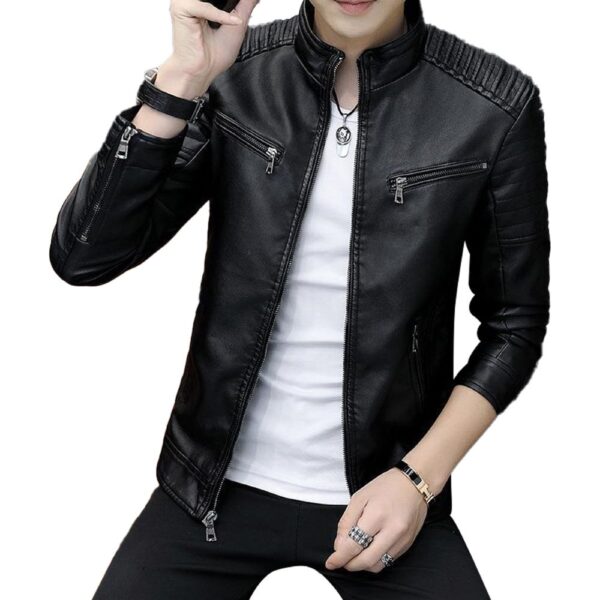 Men’s Black Genuine  Stand Collar Leather Jacket - Image 2