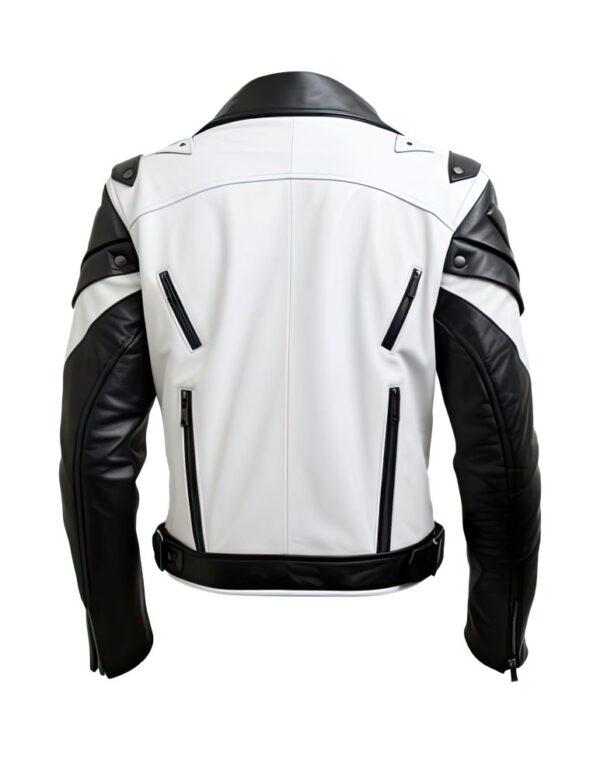 Men’s White Black Genuine Biker Leather Jacket - Image 2