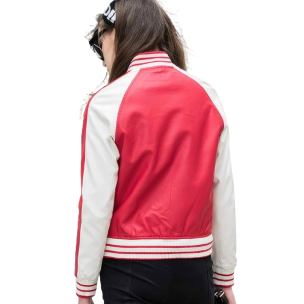 Women’s Red Genuine Bomber Sports Varsity Leather Jacket - Image 2