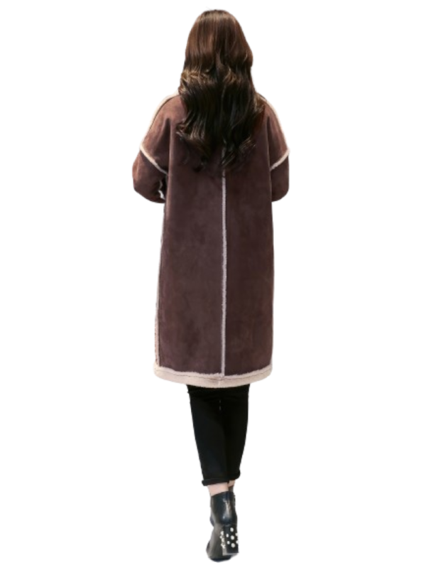 Women’s Brown Shearling Double Breasted Long Leather Coat - Image 2