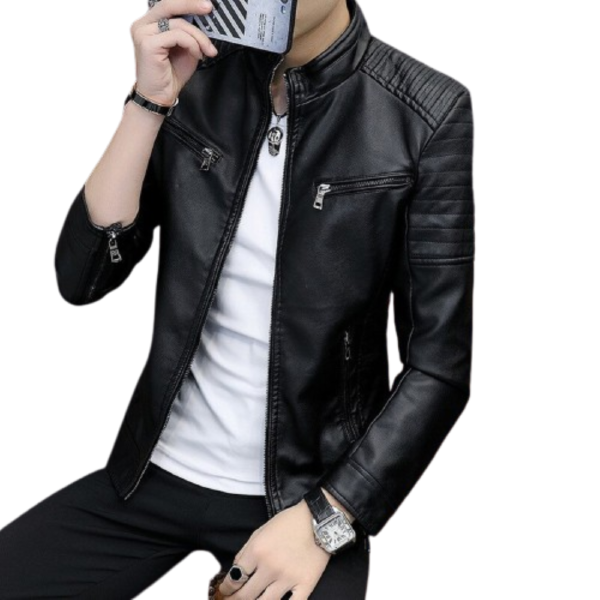 Men’s Black Genuine  Stand Collar Leather Jacket