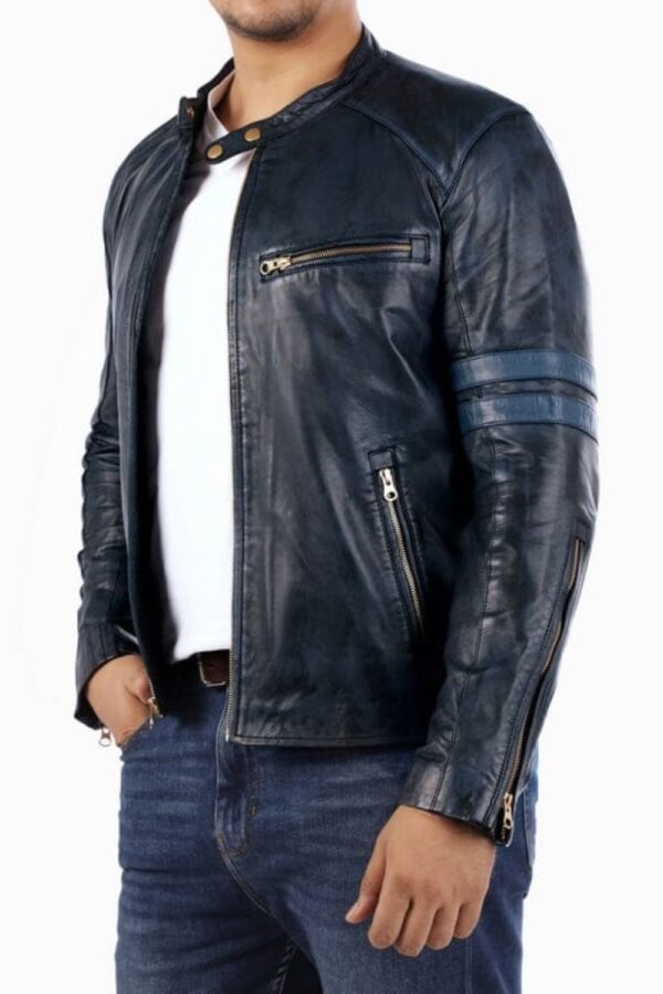 Lambskin Racer Genuine Leather Jacket-Blue For Men - Image 2