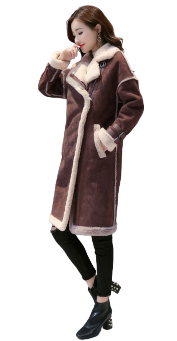 Women’s Brown Shearling Double Breasted Long Leather Coat