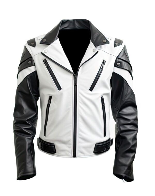 Men’s White Black Genuine Biker Leather Jacket