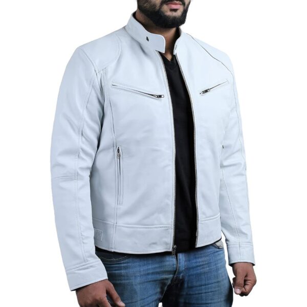 Men’s White Biker Korean Style Slim Fit Leather Jacket